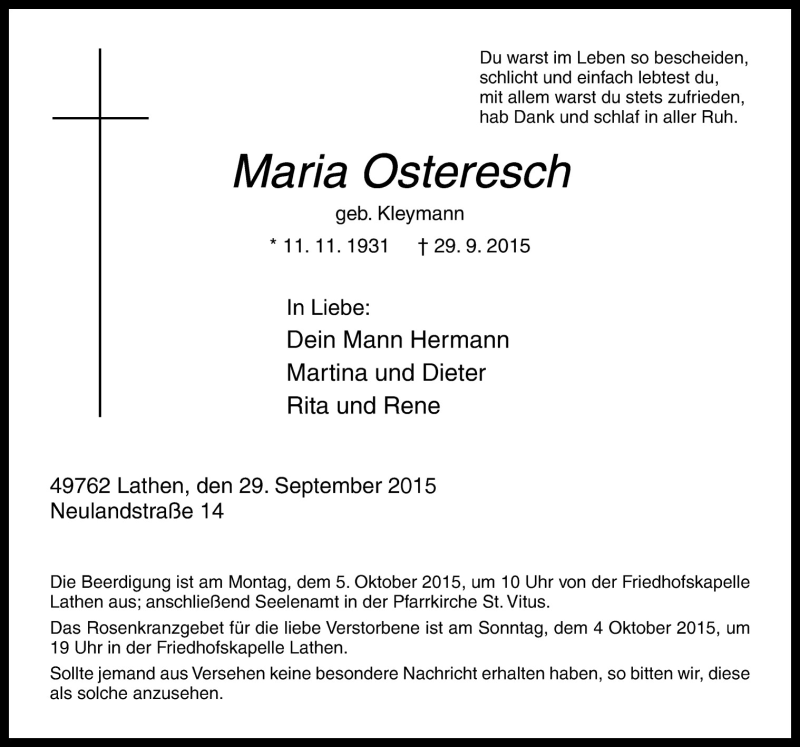  Traueranzeige für Maria Osteresch vom 02.10.2015 aus Neue Osnabrücker Zeitung GmbH & Co. KG