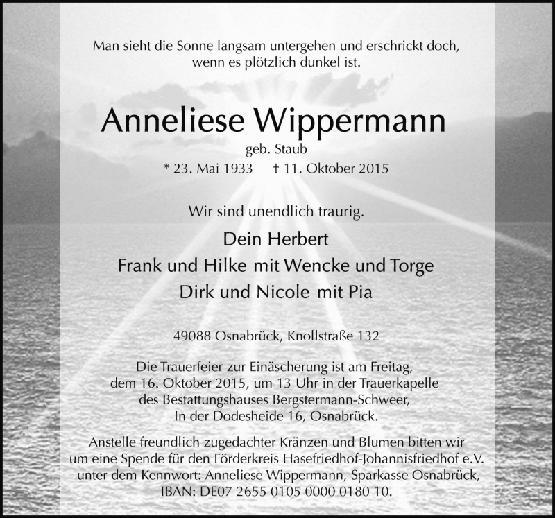  Traueranzeige für Anneliese Wippermann vom 13.10.2015 aus Neue Osnabrücker Zeitung GmbH & Co. KG