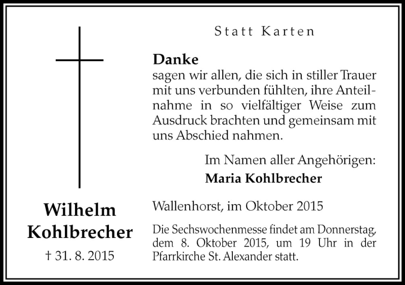  Traueranzeige für Wilhelm Kohlbrecher vom 02.10.2015 aus Neue Osnabrücker Zeitung GmbH & Co. KG