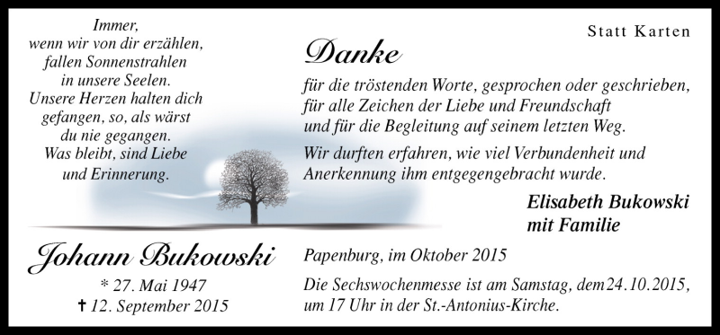  Traueranzeige für Johann Bukowski vom 22.10.2015 aus Neue Osnabrücker Zeitung GmbH & Co. KG