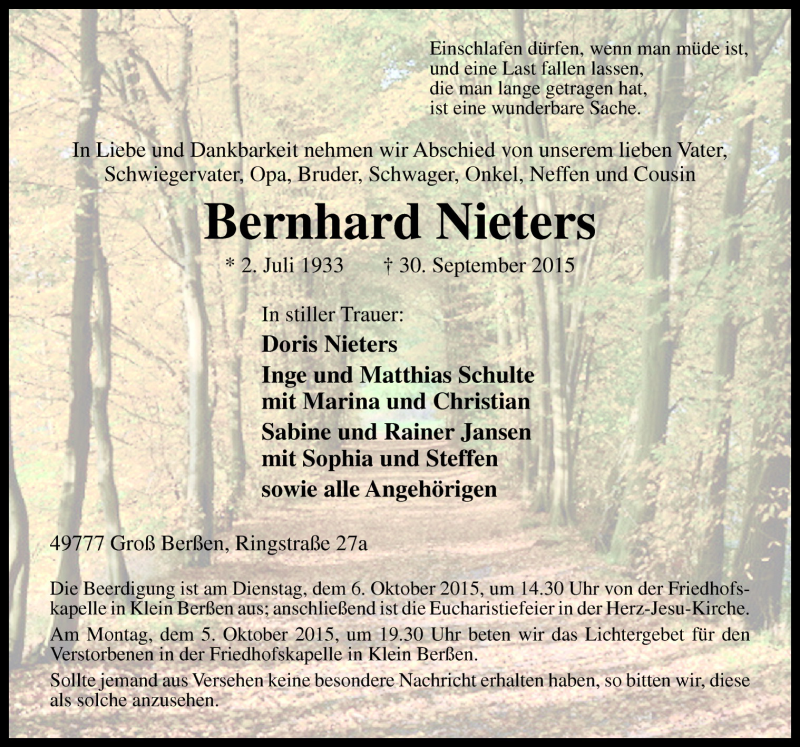  Traueranzeige für Bernhard Niesters vom 02.10.2015 aus Neue Osnabrücker Zeitung GmbH & Co. KG