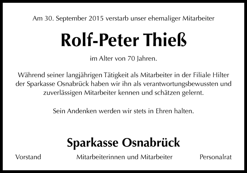  Traueranzeige für Rolf-Peter Thieß vom 06.10.2015 aus Neue Osnabrücker Zeitung GmbH & Co. KG