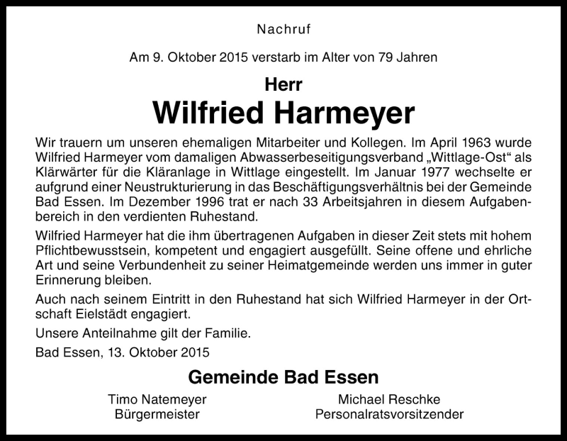  Traueranzeige für Wilfried Harmeyer vom 15.10.2015 aus Neue Osnabrücker Zeitung GmbH & Co. KG