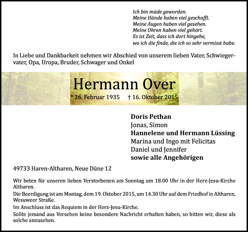  Traueranzeige für Hermann Over vom 17.10.2015 aus Neue Osnabrücker Zeitung GmbH & Co. KG