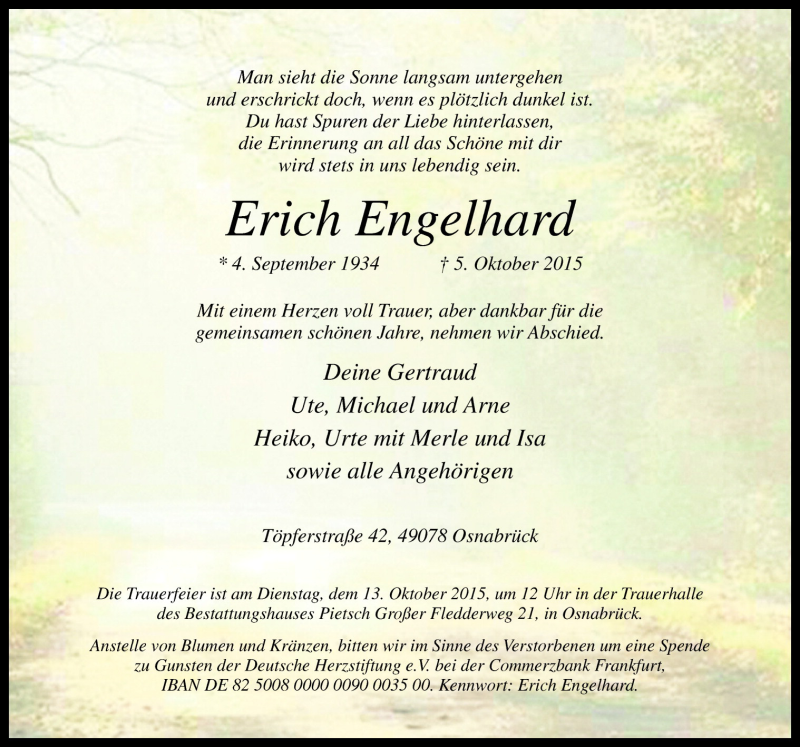  Traueranzeige für Erich Engelhard vom 10.10.2015 aus Neue Osnabrücker Zeitung GmbH & Co. KG