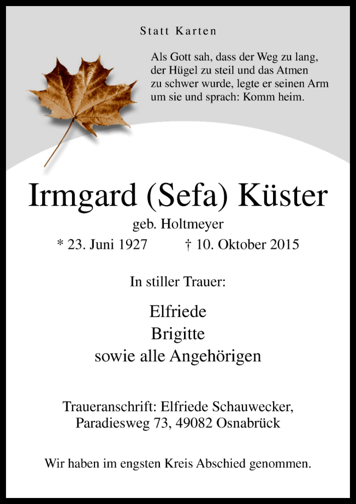  Traueranzeige für Irmgard Küster vom 24.10.2015 aus Neue Osnabrücker Zeitung GmbH & Co. KG