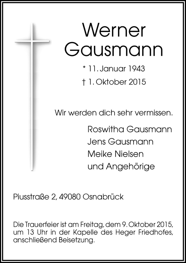  Traueranzeige für Werner Gausmann vom 06.10.2015 aus Neue Osnabrücker Zeitung GmbH & Co. KG