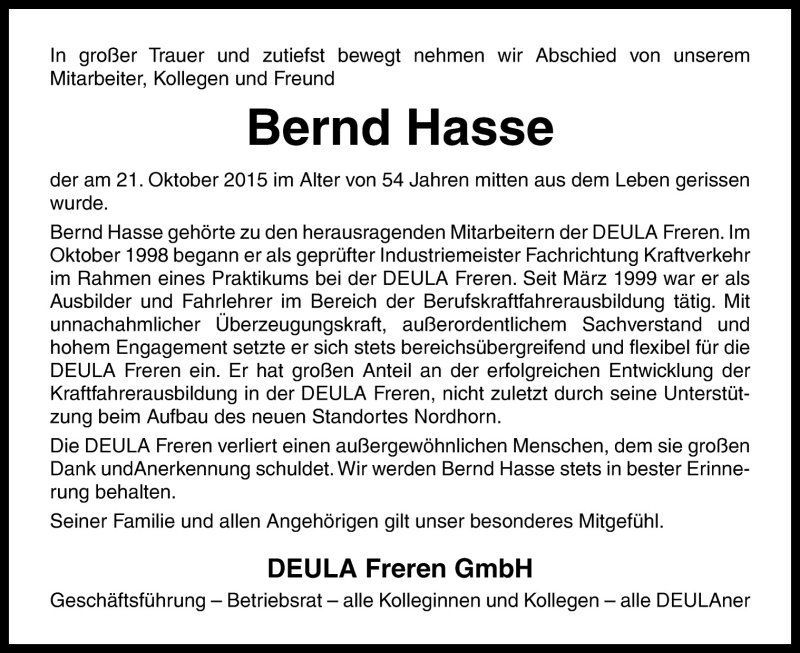  Traueranzeige für Bernd Hasse vom 30.10.2015 aus Neue Osnabrücker Zeitung GmbH & Co. KG