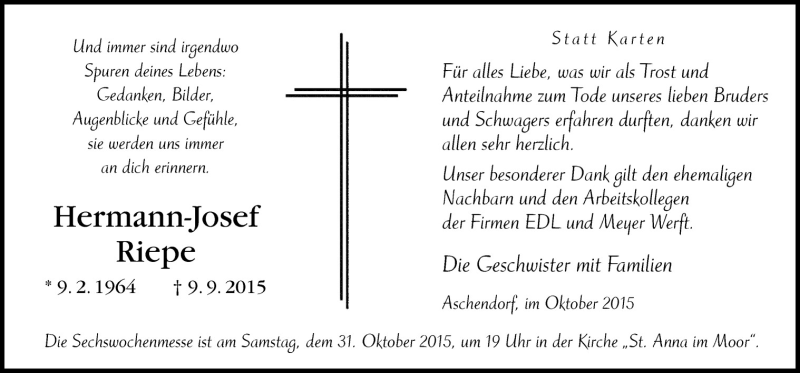  Traueranzeige für Hermann-Josef Riepe vom 27.10.2015 aus Neue Osnabrücker Zeitung GmbH & Co. KG