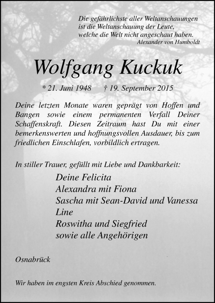  Traueranzeige für Wolfgang Kuckuk vom 05.10.2015 aus Neue Osnabrücker Zeitung GmbH & Co. KG