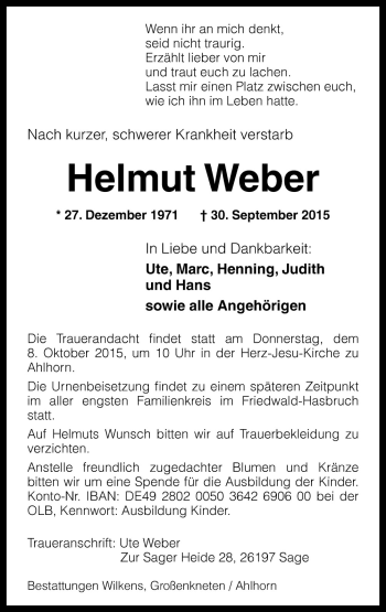 Traueranzeige von Helmut Weber von Neue Osnabrücker Zeitung GmbH & Co. KG