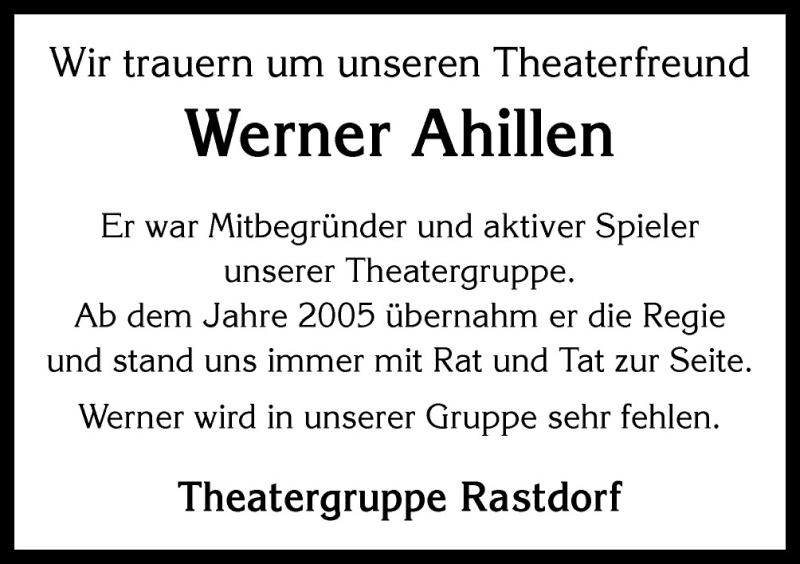  Traueranzeige für Werner Ahillen vom 21.10.2015 aus Neue Osnabrücker Zeitung GmbH & Co. KG