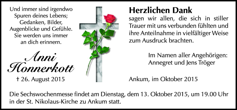 Traueranzeige für Anni Honnerkott vom 10.10.2015 aus Neue Osnabrücker Zeitung GmbH & Co. KG