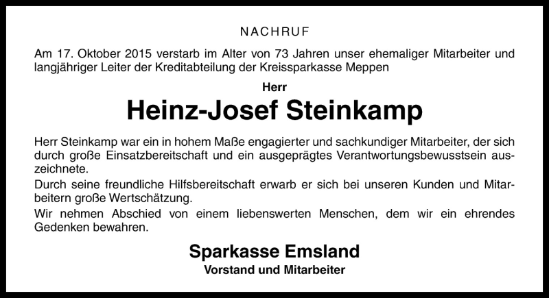  Traueranzeige für Heinz-Josef Steinkamp vom 20.10.2015 aus Neue Osnabrücker Zeitung GmbH & Co. KG