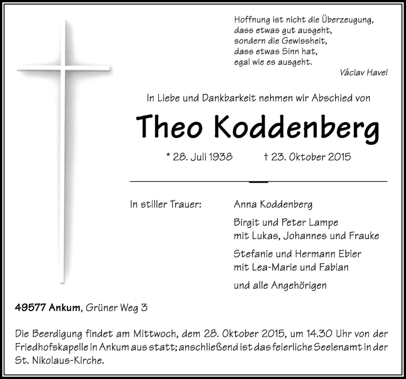  Traueranzeige für Theo Koddenberg vom 26.10.2015 aus Neue Osnabrücker Zeitung GmbH & Co. KG