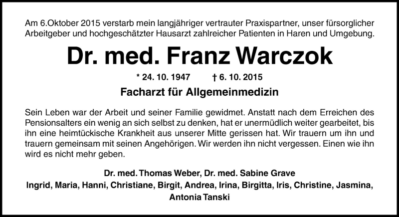  Traueranzeige für Franz Warczok vom 10.10.2015 aus Neue Osnabrücker Zeitung GmbH & Co. KG