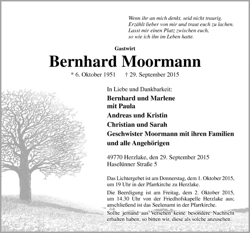  Traueranzeige für Bernhard Moormann vom 01.10.2015 aus Neue Osnabrücker Zeitung GmbH & Co. KG