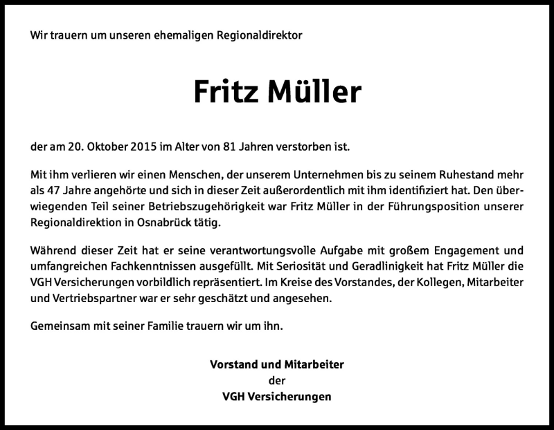 Traueranzeige für Fritz Müller vom 24.10.2015 aus Neue Osnabrücker Zeitung GmbH & Co. KG