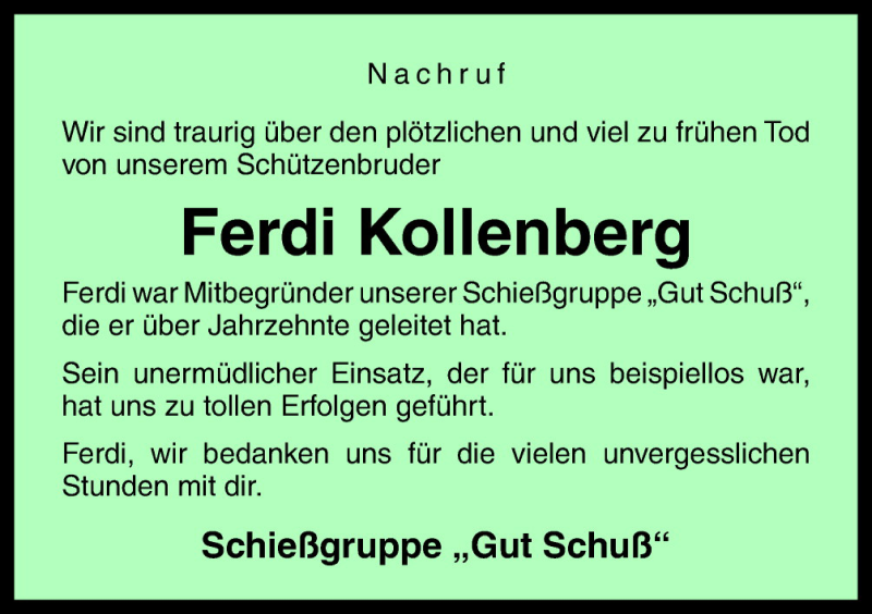  Traueranzeige für Ferdi Kollenberg vom 12.10.2015 aus Neue Osnabrücker Zeitung GmbH & Co. KG