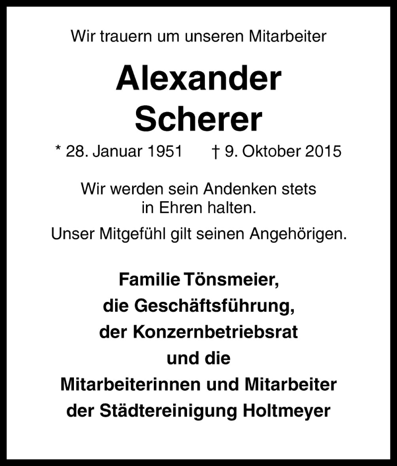  Traueranzeige für Alexander Scherer vom 17.10.2015 aus Neue Osnabrücker Zeitung GmbH & Co. KG