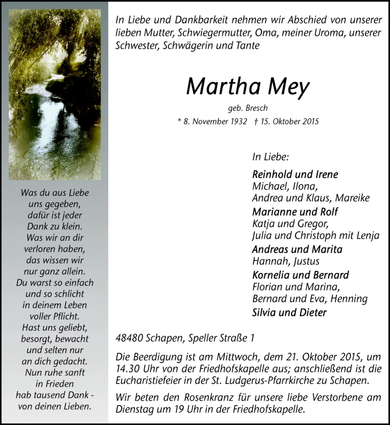  Traueranzeige für Martha Mey vom 17.10.2015 aus Neue Osnabrücker Zeitung GmbH & Co. KG