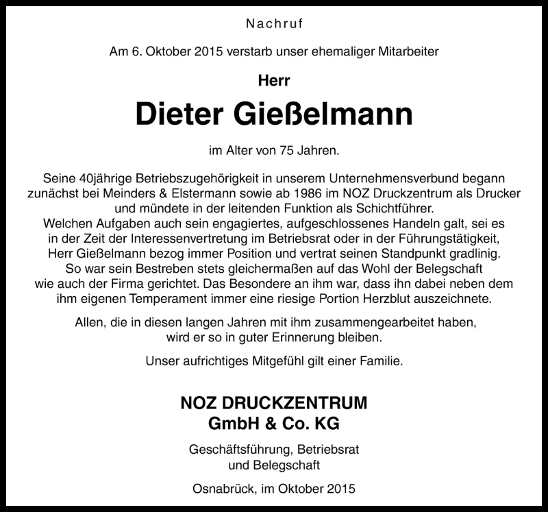  Traueranzeige für Dieter Gießelmann vom 10.10.2015 aus Neue Osnabrücker Zeitung GmbH & Co. KG