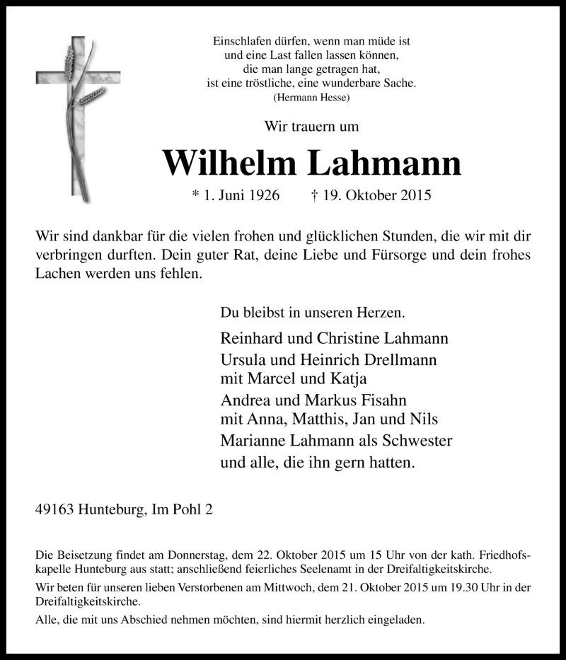  Traueranzeige für Wilhelm Lahmann vom 20.10.2015 aus Neue Osnabrücker Zeitung GmbH & Co. KG