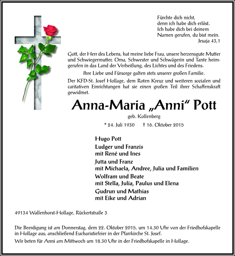  Traueranzeige für Anna-Maria Pott vom 20.10.2015 aus Neue Osnabrücker Zeitung GmbH & Co. KG