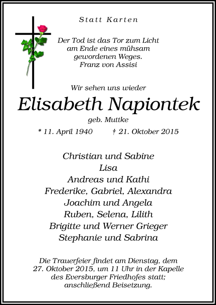  Traueranzeige für Elisabeth Napiontek vom 24.10.2015 aus Neue Osnabrücker Zeitung GmbH & Co. KG