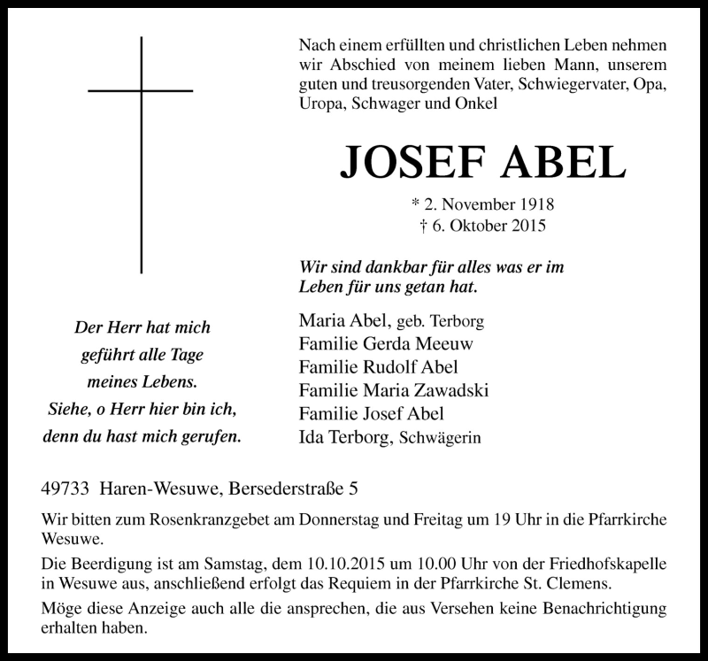  Traueranzeige für Josef Abel vom 08.10.2015 aus Neue Osnabrücker Zeitung GmbH & Co. KG