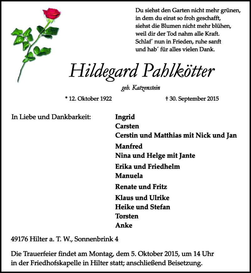  Traueranzeige für Hildegard Pahlkötter vom 02.10.2015 aus Neue Osnabrücker Zeitung GmbH & Co. KG