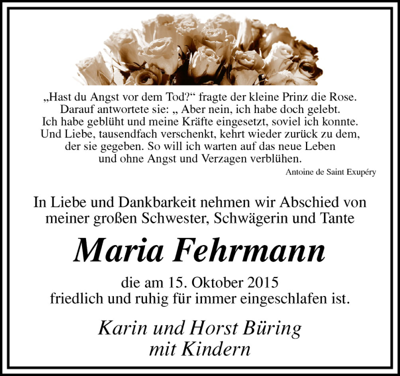  Traueranzeige für Maria Fehrmann vom 24.10.2015 aus Neue Osnabrücker Zeitung GmbH & Co. KG