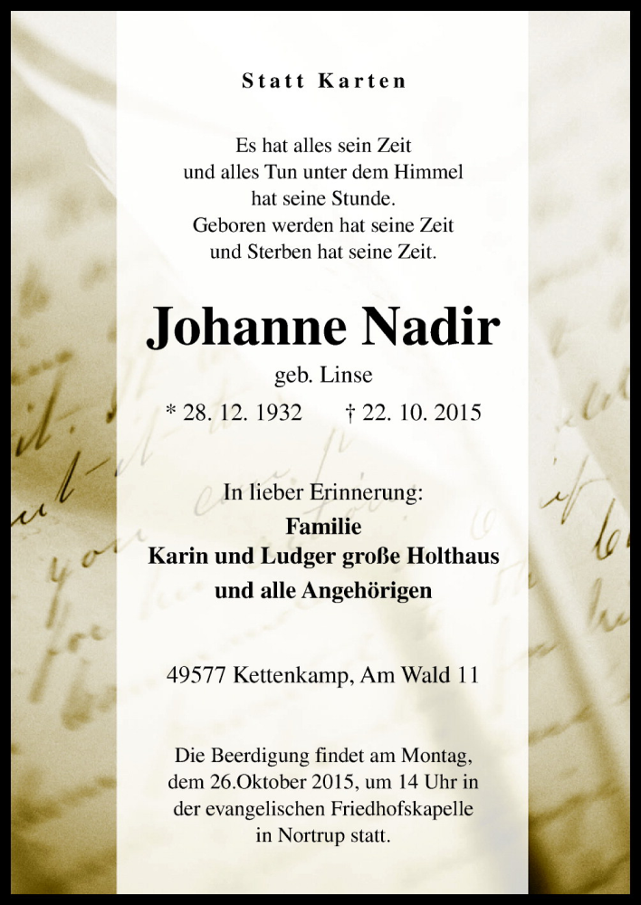 Traueranzeige für Johanne Nadir vom 24.10.2015 aus Neue Osnabrücker Zeitung GmbH & Co. KG
