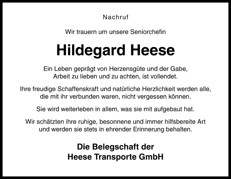  Traueranzeige für Hildegard Heese vom 24.10.2015 aus Neue Osnabrücker Zeitung GmbH & Co. KG