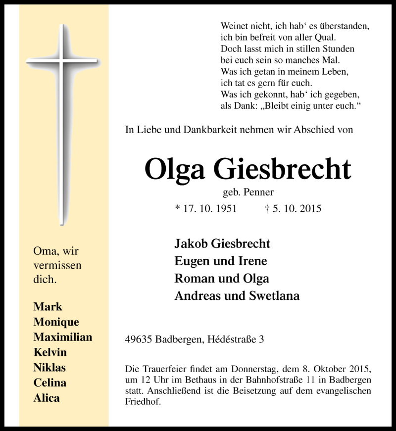  Traueranzeige für Olga Giesbrecht vom 06.10.2015 aus Neue Osnabrücker Zeitung GmbH & Co. KG