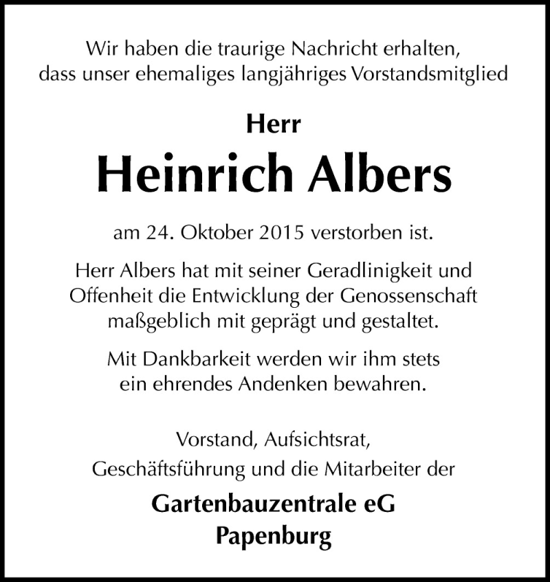  Traueranzeige für Heinrich Albers vom 28.10.2015 aus Neue Osnabrücker Zeitung GmbH & Co. KG