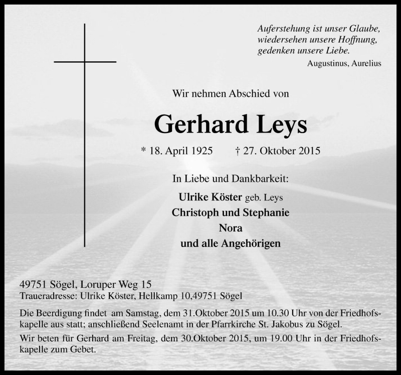  Traueranzeige für Gerhard Leys vom 29.10.2015 aus Neue Osnabrücker Zeitung GmbH & Co. KG