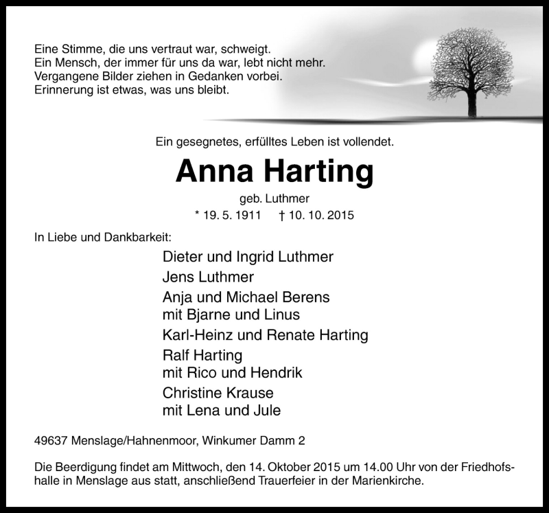  Traueranzeige für Anna Harting vom 12.10.2015 aus Neue Osnabrücker Zeitung GmbH & Co. KG