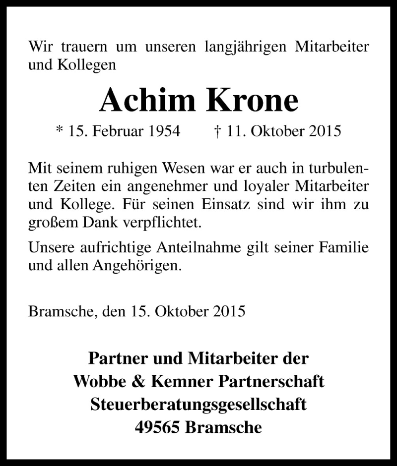  Traueranzeige für Achim Krone vom 17.10.2015 aus Neue Osnabrücker Zeitung GmbH & Co. KG