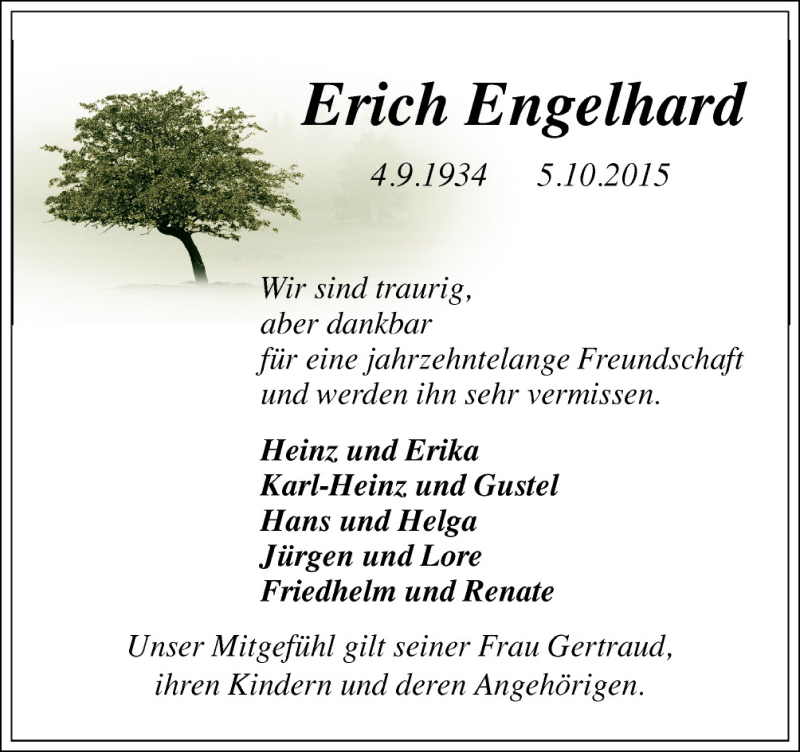  Traueranzeige für Erich Engelhard vom 10.10.2015 aus Neue Osnabrücker Zeitung GmbH & Co. KG