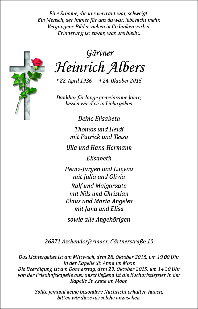  Traueranzeige für Heinrich Albers vom 26.10.2015 aus Neue Osnabrücker Zeitung GmbH & Co. KG