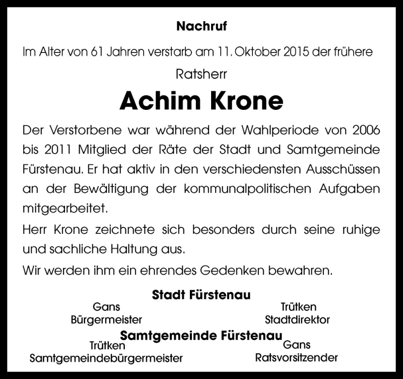  Traueranzeige für Achim Krone vom 15.10.2015 aus Neue Osnabrücker Zeitung GmbH & Co. KG