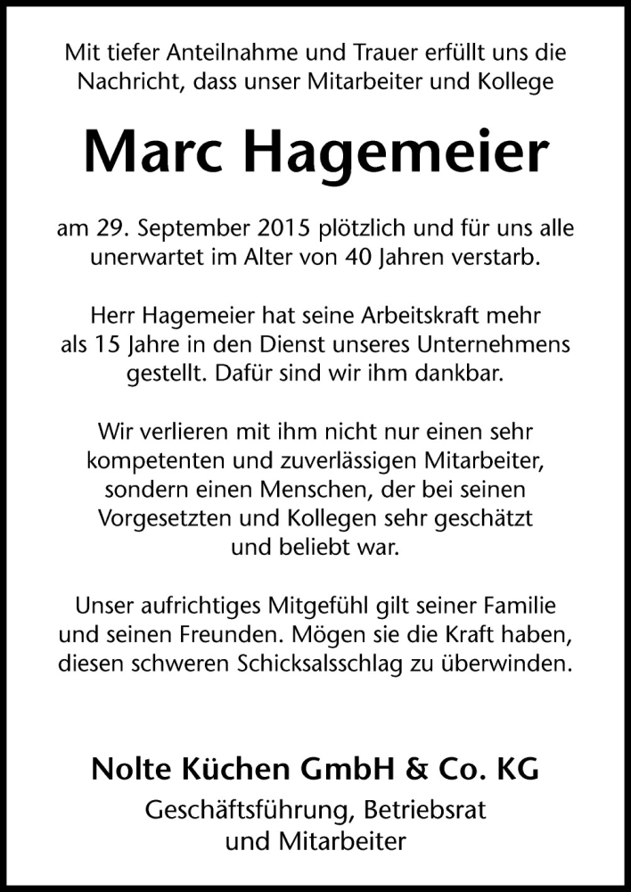  Traueranzeige für Marc Hagemeier vom 08.10.2015 aus Neue Osnabrücker Zeitung GmbH & Co. KG