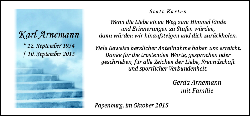  Traueranzeige für Karl Arnemann vom 31.10.2015 aus Neue Osnabrücker Zeitung GmbH & Co. KG