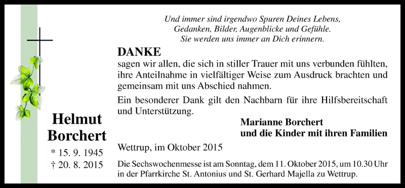  Traueranzeige für Helmut Borchert vom 07.10.2015 aus Neue Osnabrücker Zeitung GmbH & Co. KG
