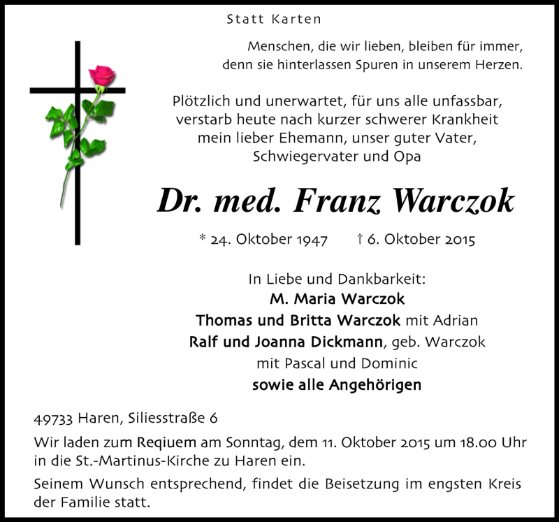  Traueranzeige für Franz Warczok vom 08.10.2015 aus Neue Osnabrücker Zeitung GmbH & Co. KG