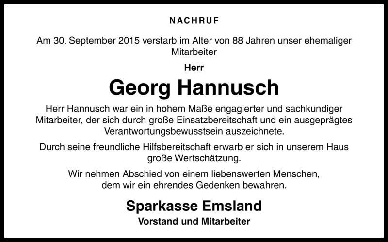  Traueranzeige für Georg Hannusch vom 06.10.2015 aus Neue Osnabrücker Zeitung GmbH & Co. KG