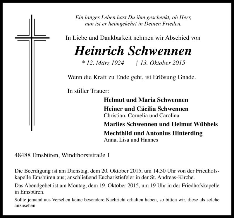 Traueranzeige für Heinrich Schwennen vom 16.10.2015 aus Neue Osnabrücker Zeitung GmbH & Co. KG