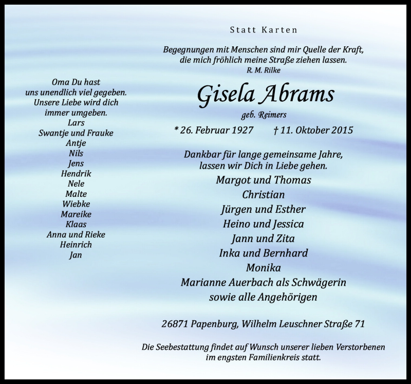  Traueranzeige für Giesela Abrams vom 14.10.2015 aus Neue Osnabrücker Zeitung GmbH & Co. KG