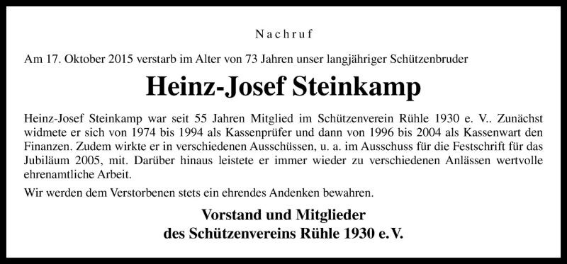  Traueranzeige für Heinz-Josef Steinkamp vom 21.10.2015 aus Neue Osnabrücker Zeitung GmbH & Co. KG